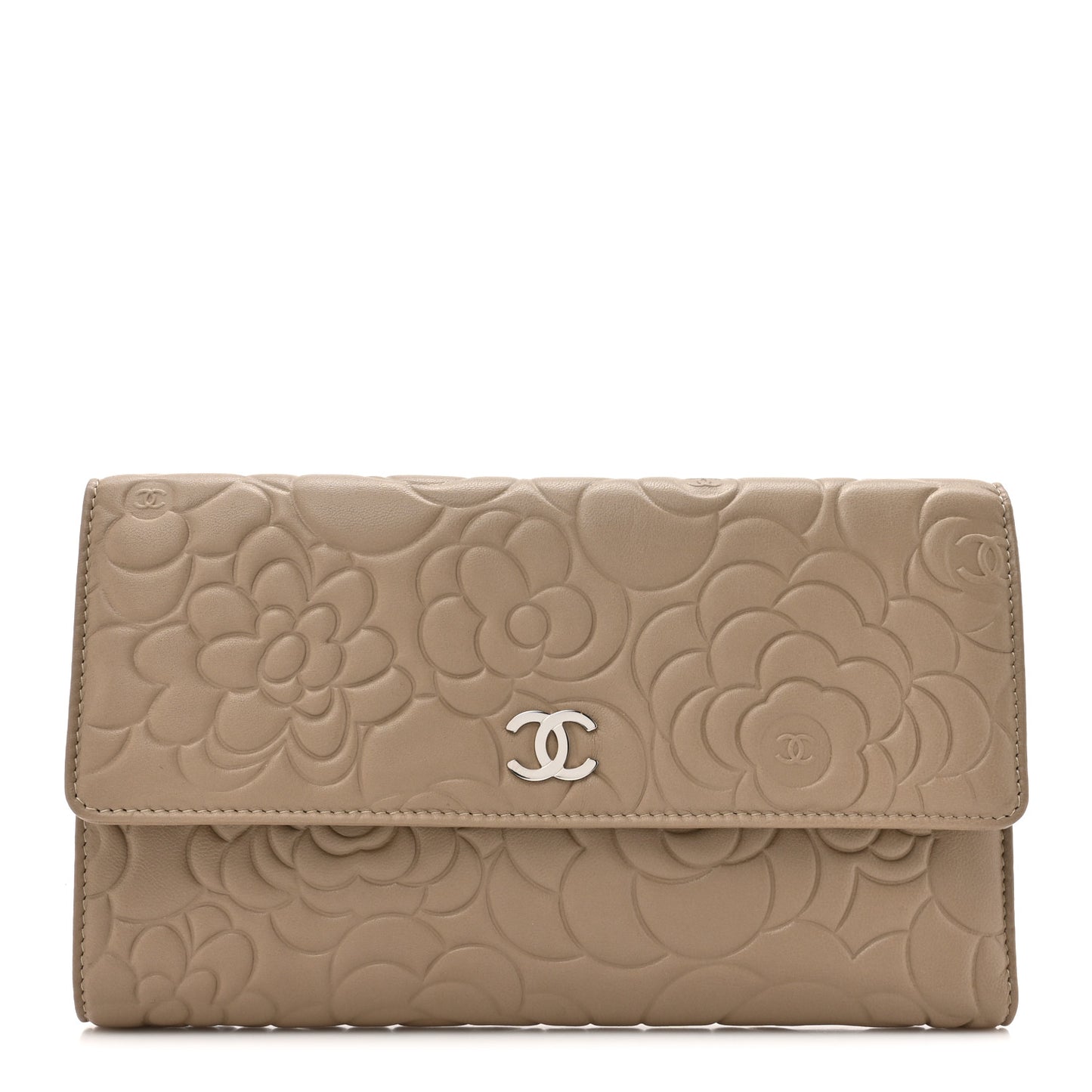 Lambskin Camellia Embossed Large Flap Wallet Gold