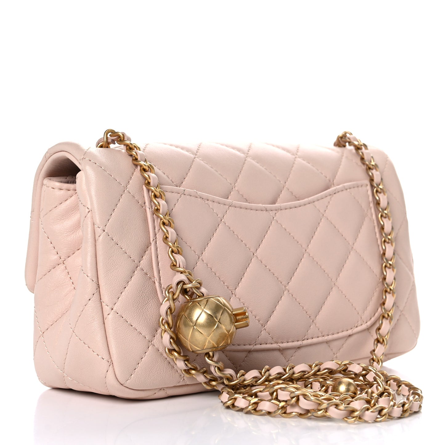 Lambskin Quilted Mini Rectangular Pearl Crush Flap Light Beige