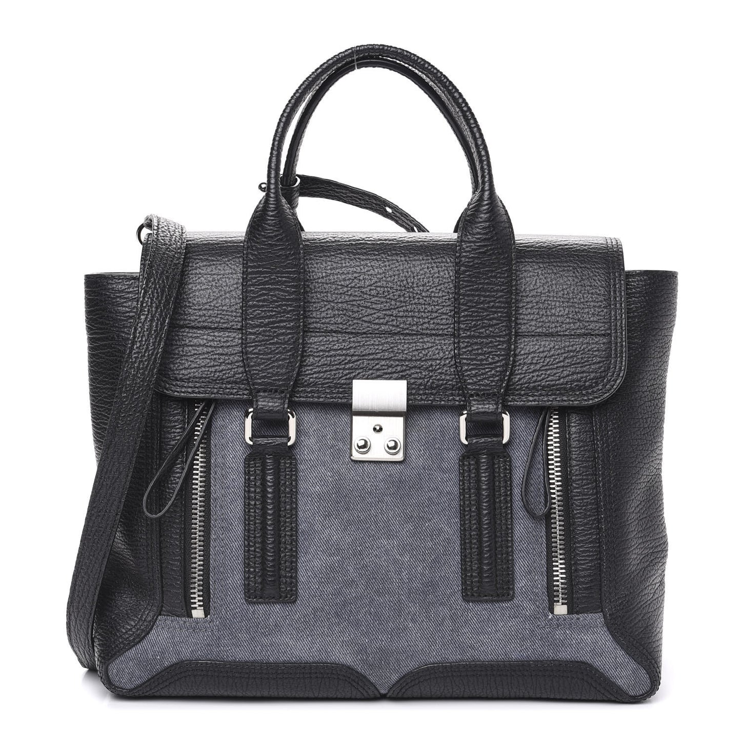 3.1 Textured Calfskin Denim Medium Pashli Satchel Black