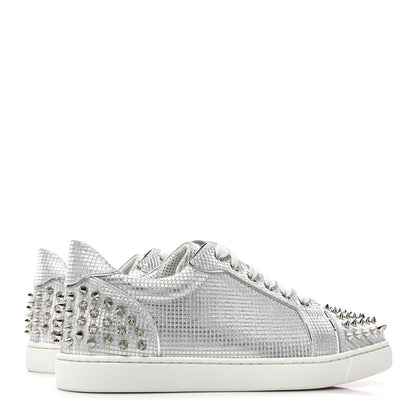 Christian Louboutin Glitter Metallic Calfskin Spikes Vieira 2 Flat Sneakers 40 Silver 5 of 13