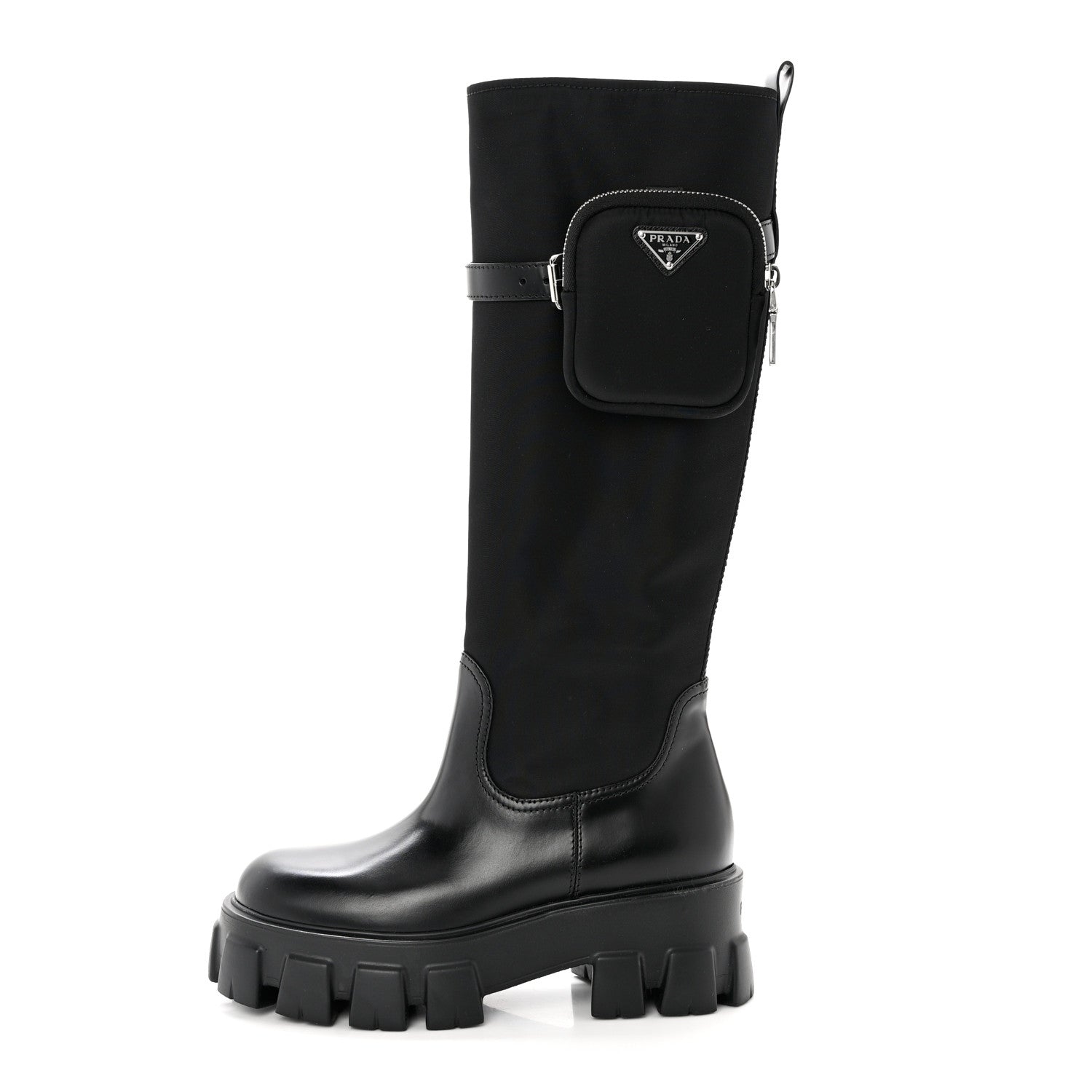 Prada Spazzolato Rois Re-Nylon Metal Triangle Logo Monolith Pouch Pocket 55mm Tall Boots 37 Black 1 of 8