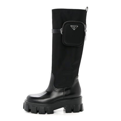 Prada Spazzolato Rois Re-Nylon Metal Triangle Logo Monolith Pouch Pocket 55mm Tall Boots 37 Black 1 of 8