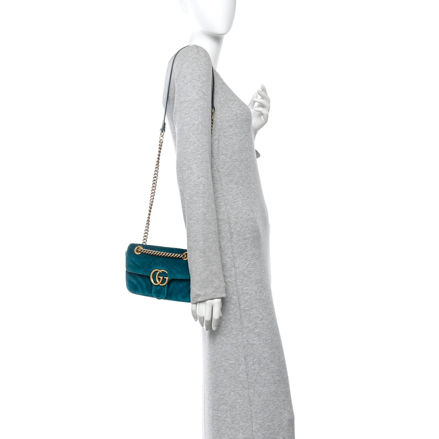 Gucci Velvet Matelasse Mini GG Marmont Shoulder Bag Pavone Cyan 2 of 11