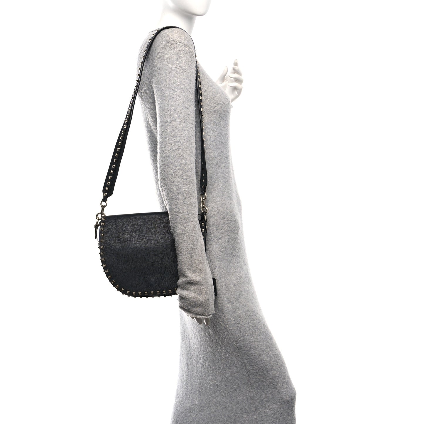 Grained Calfskin Rockstud Saddle Bag Black