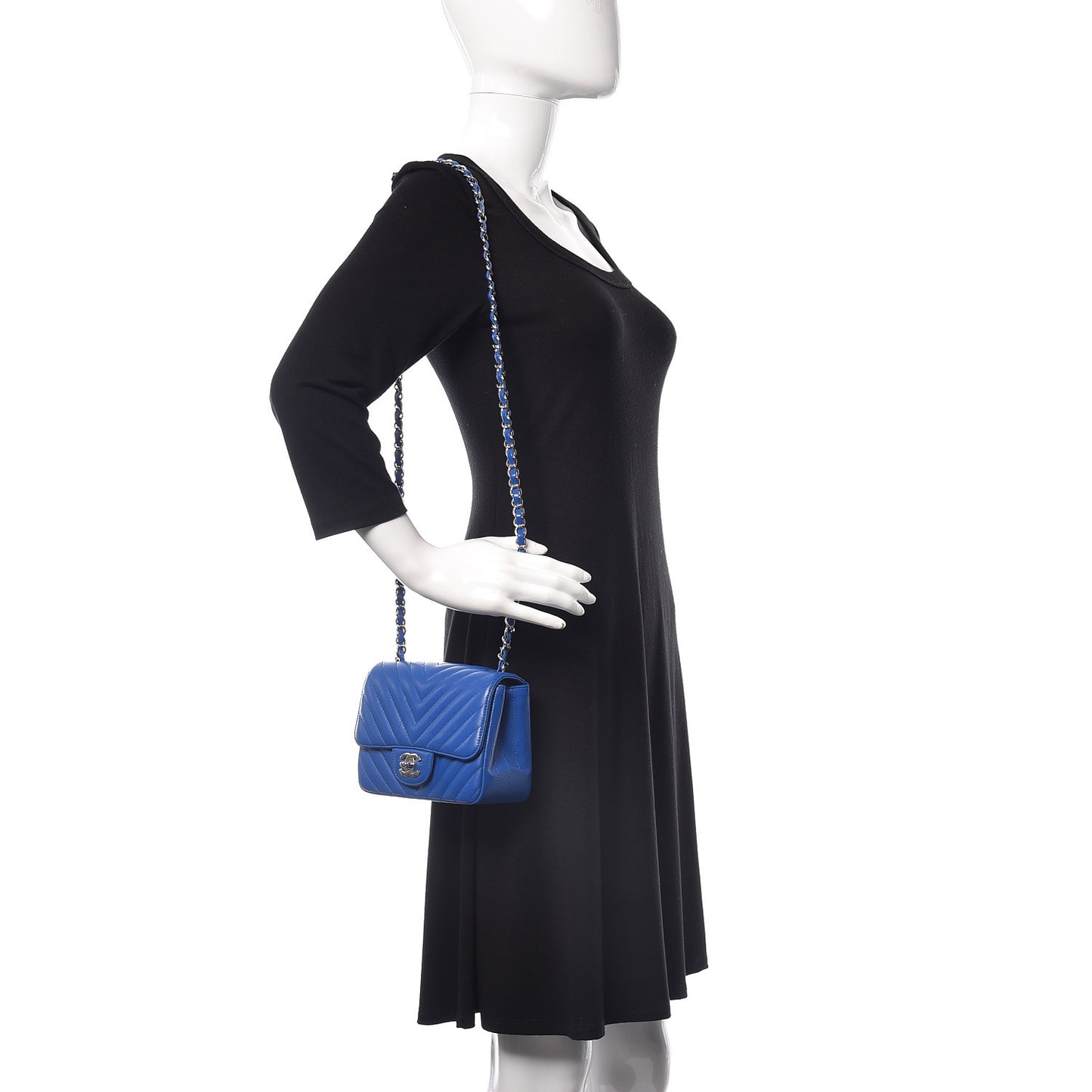 Caviar Chevron Quilted Mini Square Flap Blue