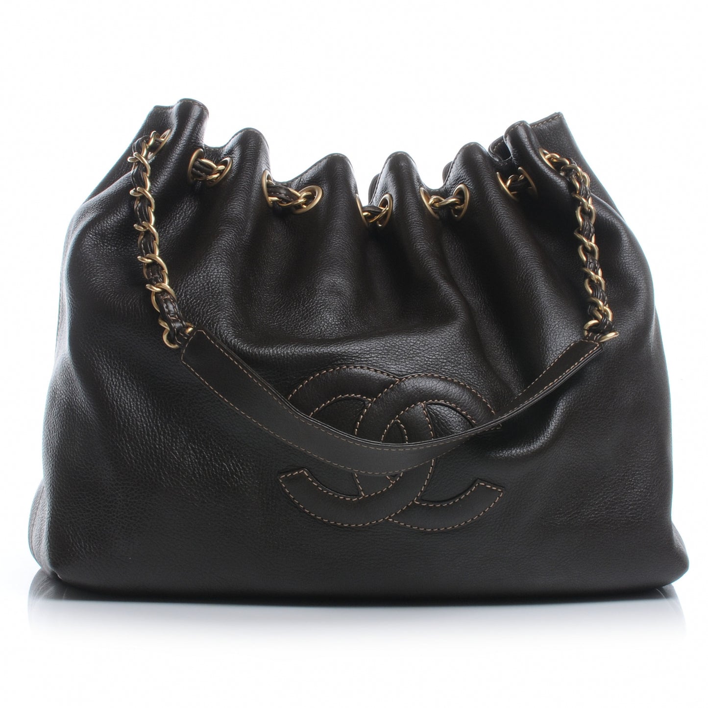 Calfskin CC Drawstring Bucket Bag Brown