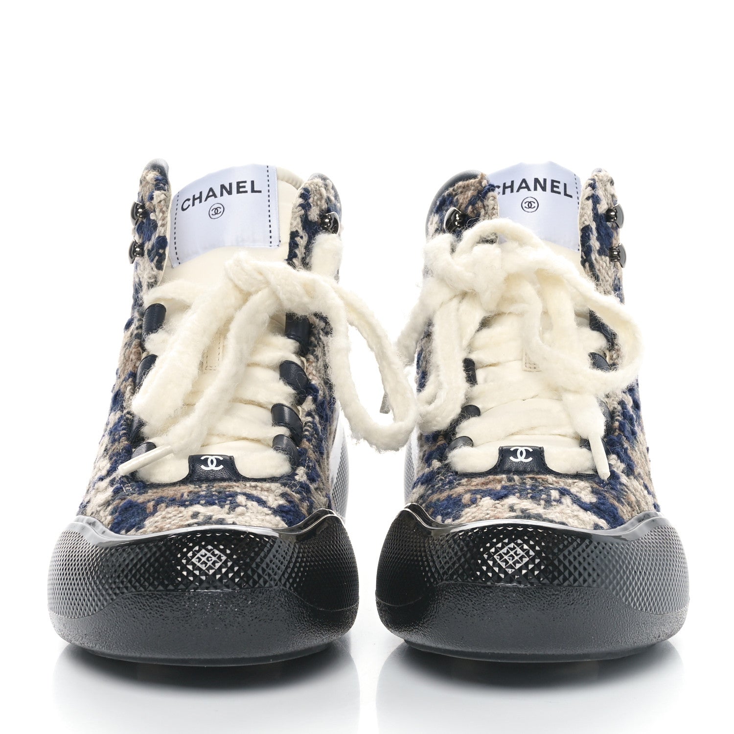 Chanel Wool Tweed Lambskin CC High Top Sneakers 38.5 Beige Brown Navy Blue Khaki 2 of 9