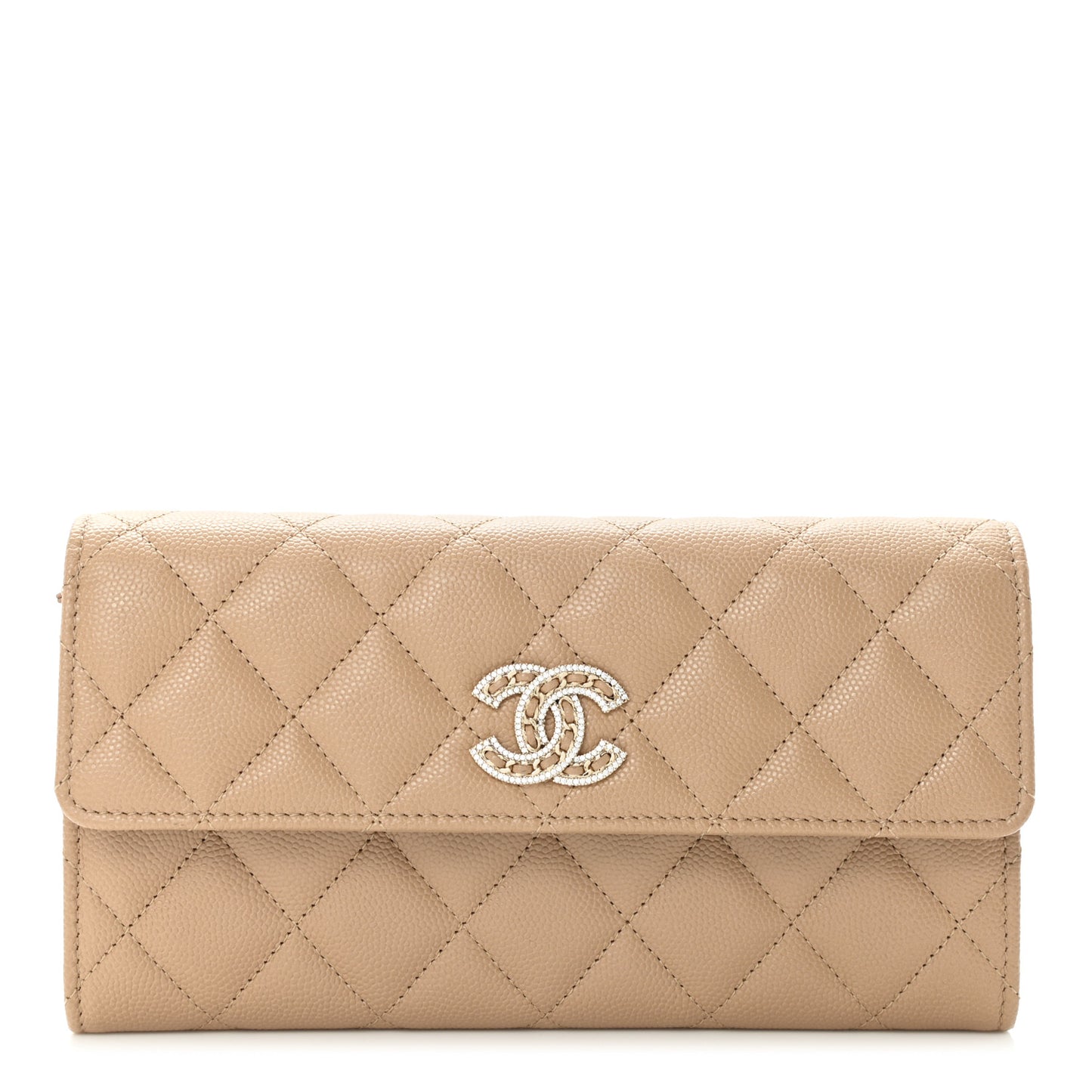 Caviar Quilted Crystal CC Large Gusset Flap Wallet Beige