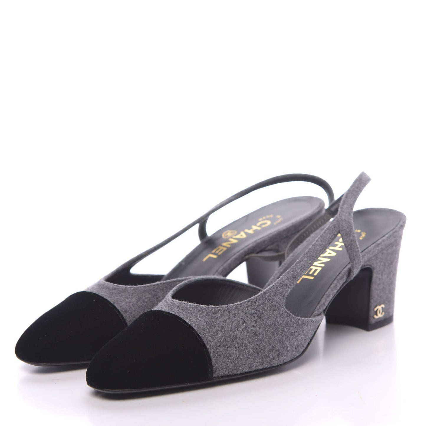 Wool Velvet Cap Toe CC Slingback Pumps 38 Black Grey