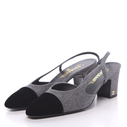 Chanel Wool Velvet Cap Toe CC Slingback Pumps 38 Black Grey 3 of 9