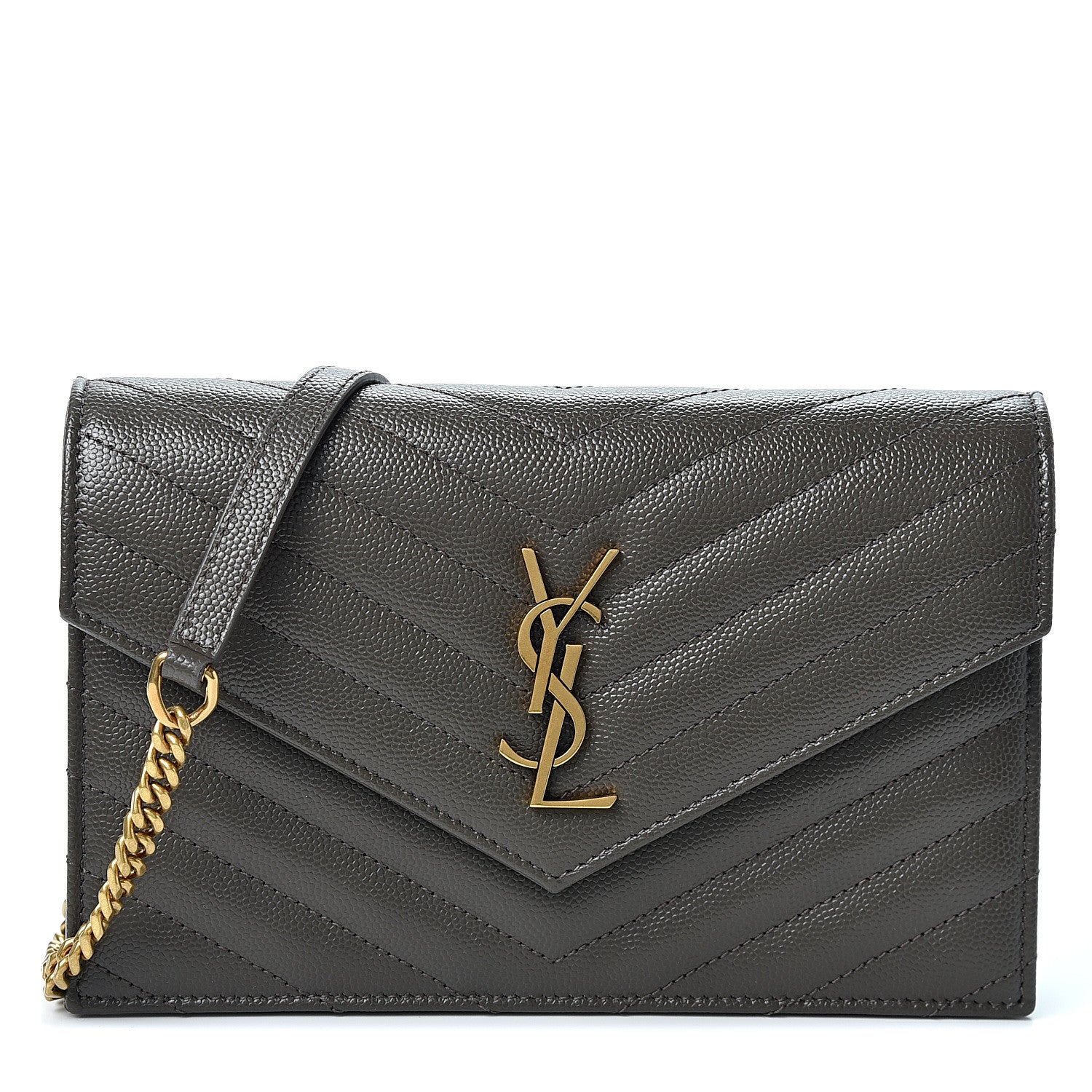 Saint Laurent Grain De Poudre Matelasse Chevron Monogram Envelope Chain Wallet Pebble 1 of 10