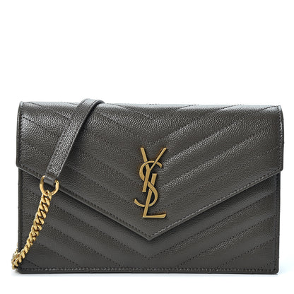 Saint Laurent Grain De Poudre Matelasse Chevron Monogram Envelope Chain Wallet Pebble 1 of 10