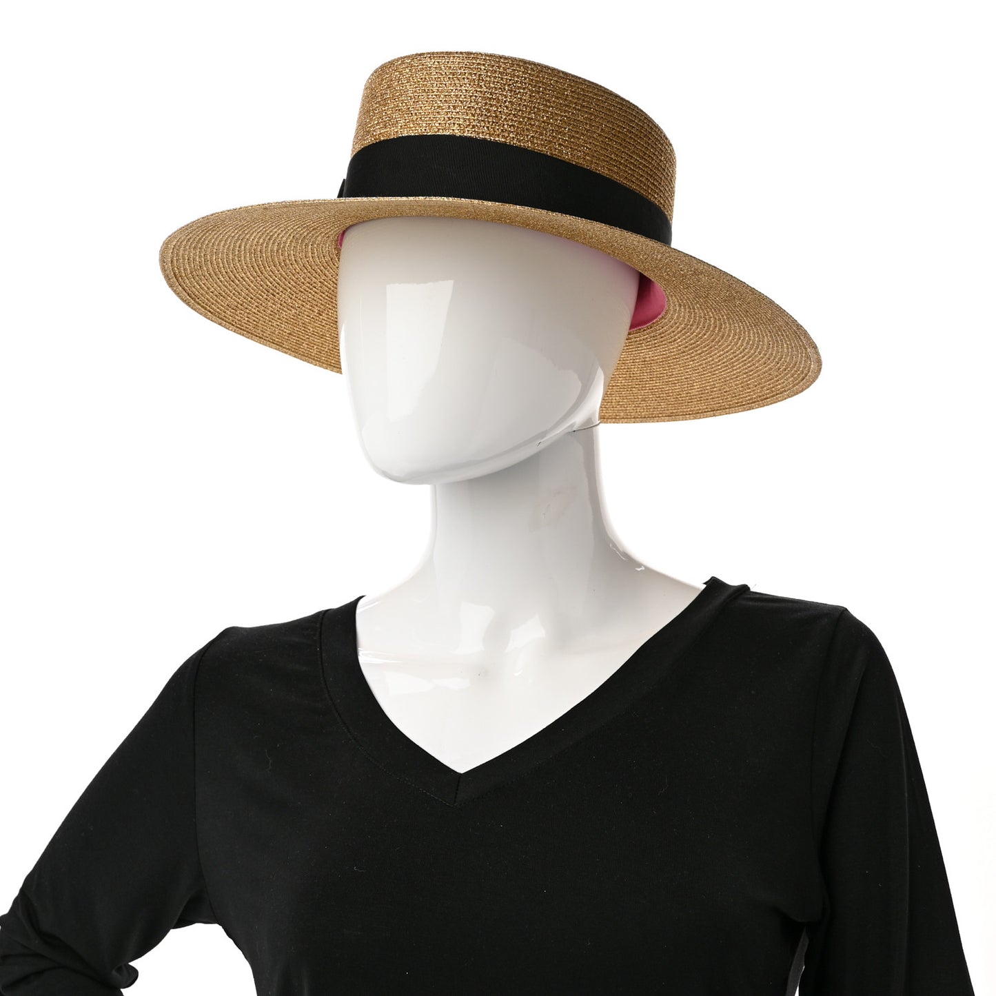 Glittered Straw Grosgrain Wide Brim Hat M Gold Black