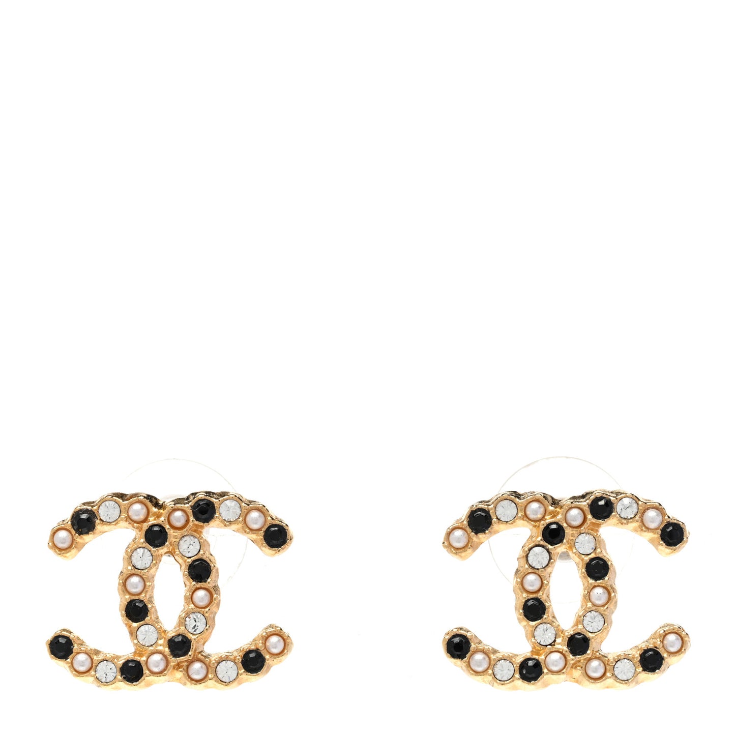 Resin Pearl Crystal CC Earrings Gold Black