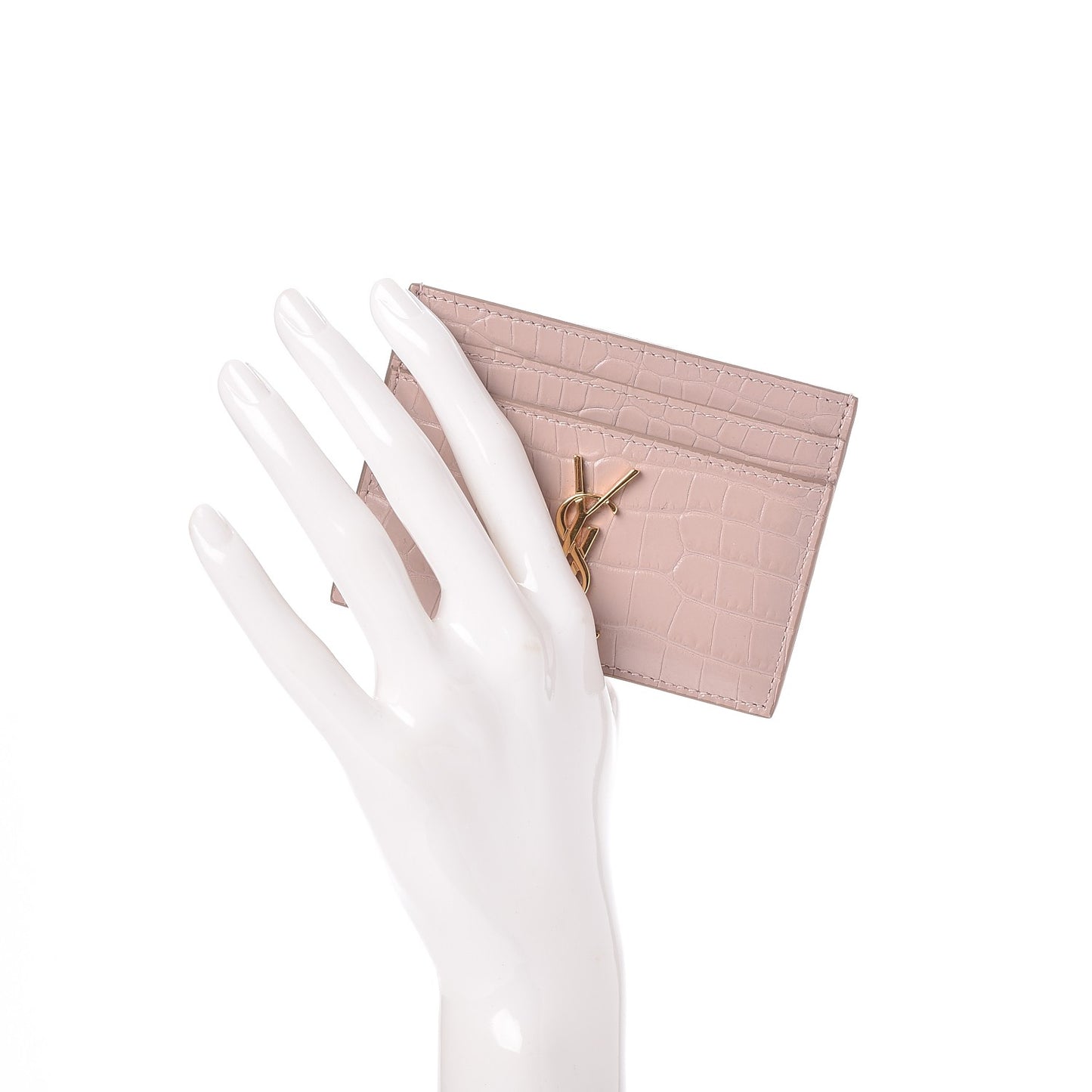 Calfskin Crocodile Embossed Card Case Rose Antic