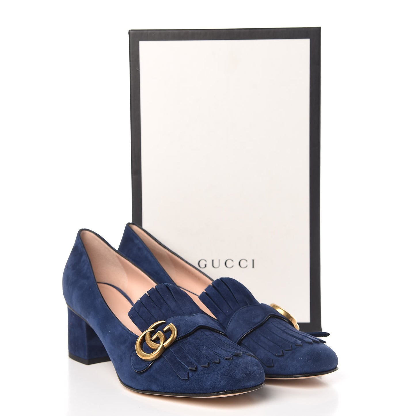 Kid Scamosciato GG Marmont Fringe 50mm Loafer Pumps 41 Blue Ink
