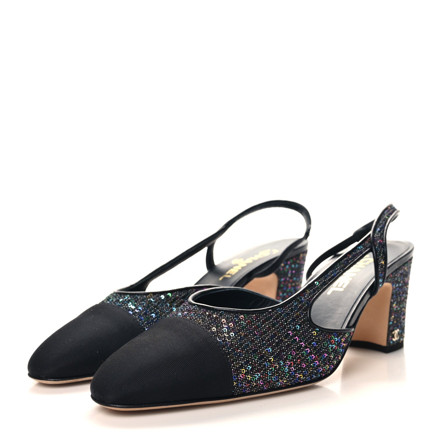 Chanel Glitter Grosgrain Cap Toe CC Slingback Pumps 41.5 Black Multicolor 3 of 10