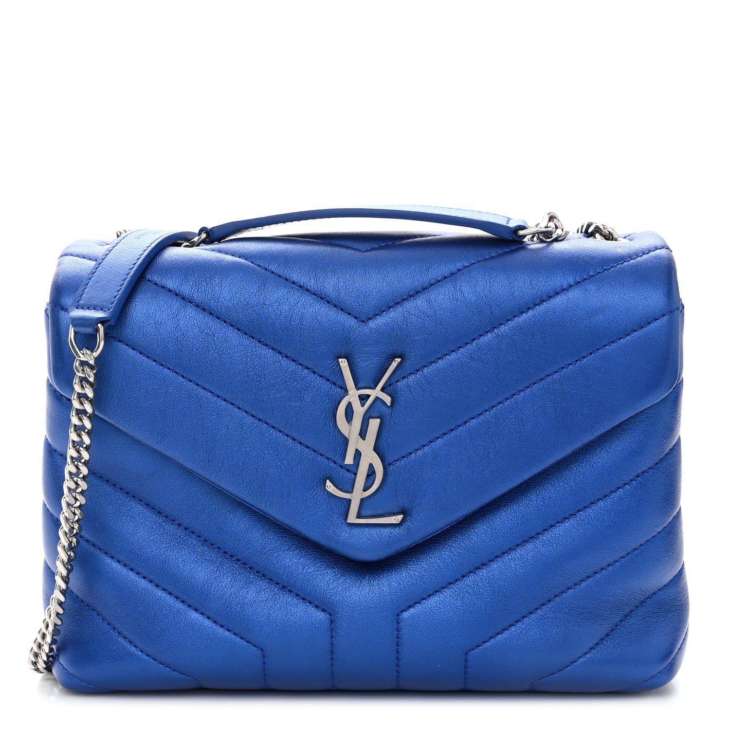 Saint Laurent Metallic Calfskin Y Quilted Monogram Small Loulou Chain Satchel Blue Royal 1 of 9