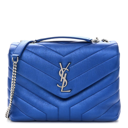 Saint Laurent Metallic Calfskin Y Quilted Monogram Small Loulou Chain Satchel Blue Royal 1 of 9