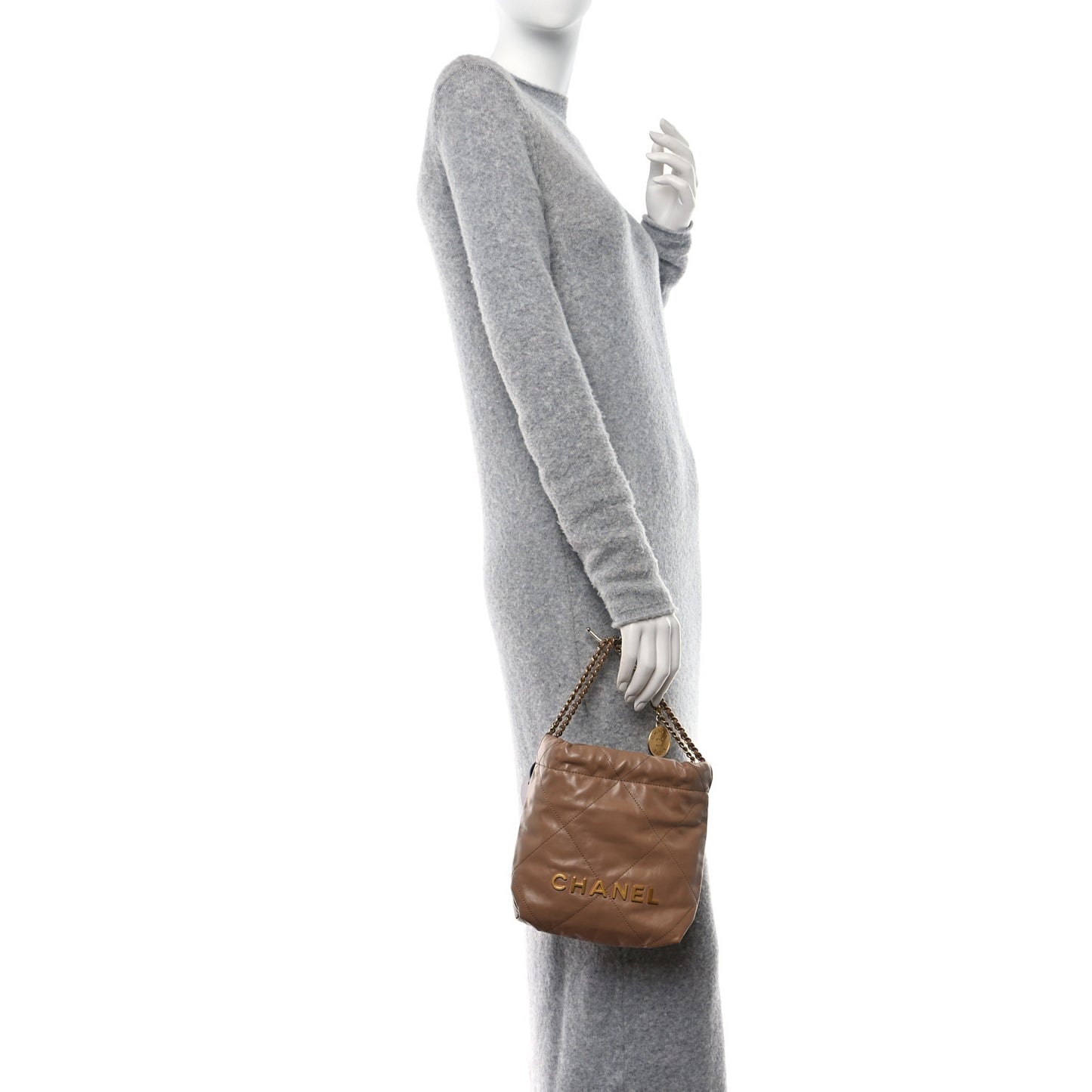 Shiny Calfskin Quilted Mini Chanel 22 Dark Beige