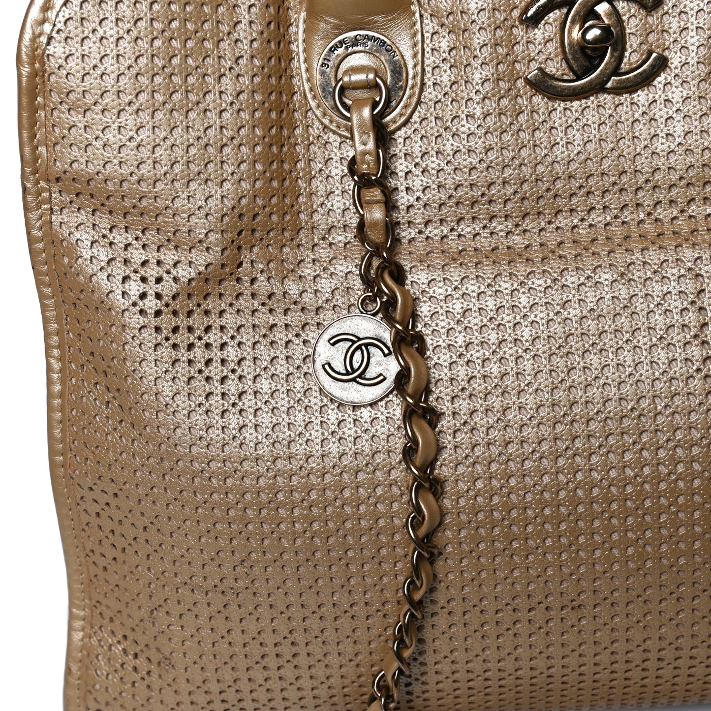 Metallic Calfskin Perforated Up In The Air Tote Gold
