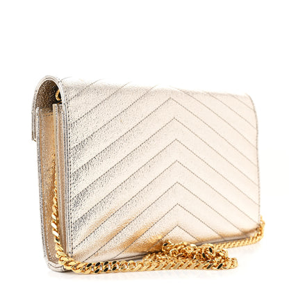 Saint Laurent Metallic Grain De Poudre Matelasse Chevron Monogram Chain Wallet Gold 3 of 11