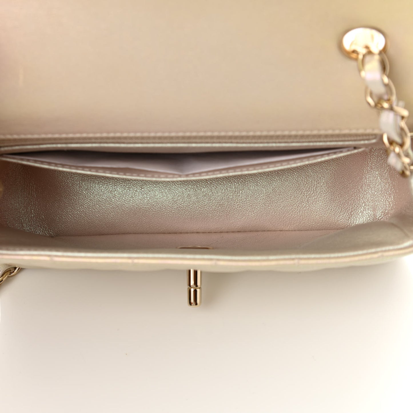 Iridescent Lambskin Quilted Mini Rectangular Flap Ivory