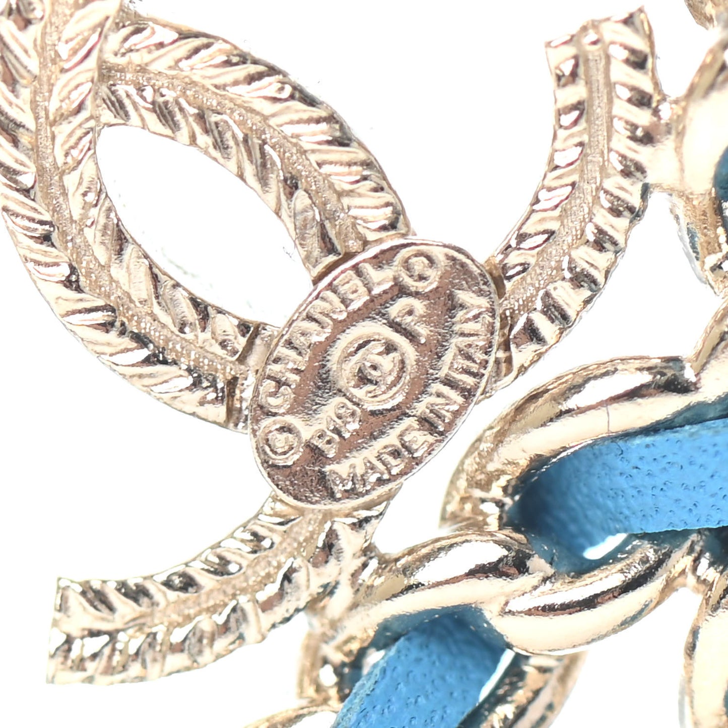 Metal Calfskin Braided Peace Sign CC Brooch Blue Purple Gold