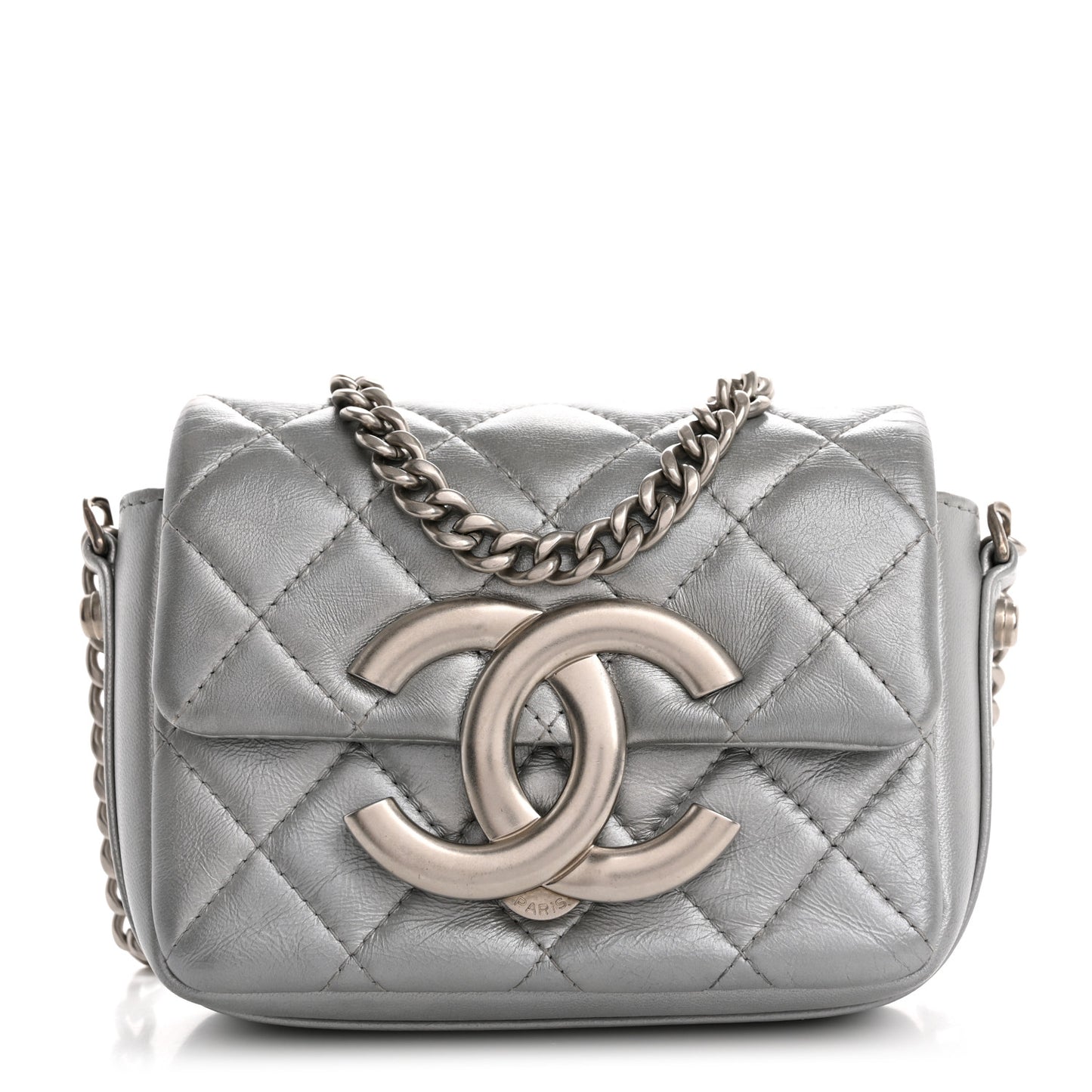 Metallic Lambskin Quilted Mini Giant CC Flap Argent
