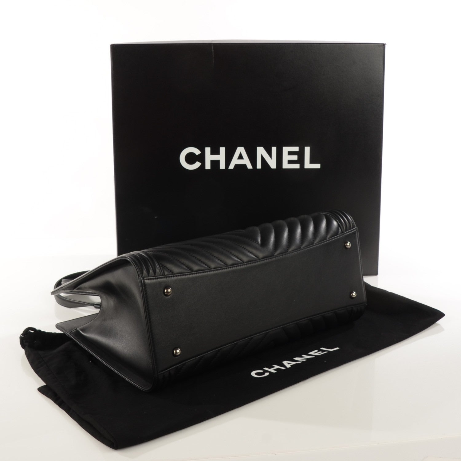 Chanel Calfskin Chevron Quilted Boy Shopping Tote Black 4 of 8