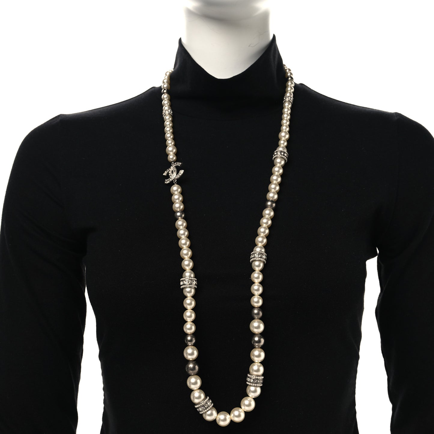 Graduated Pearl Crystal CC Long Necklace Silver