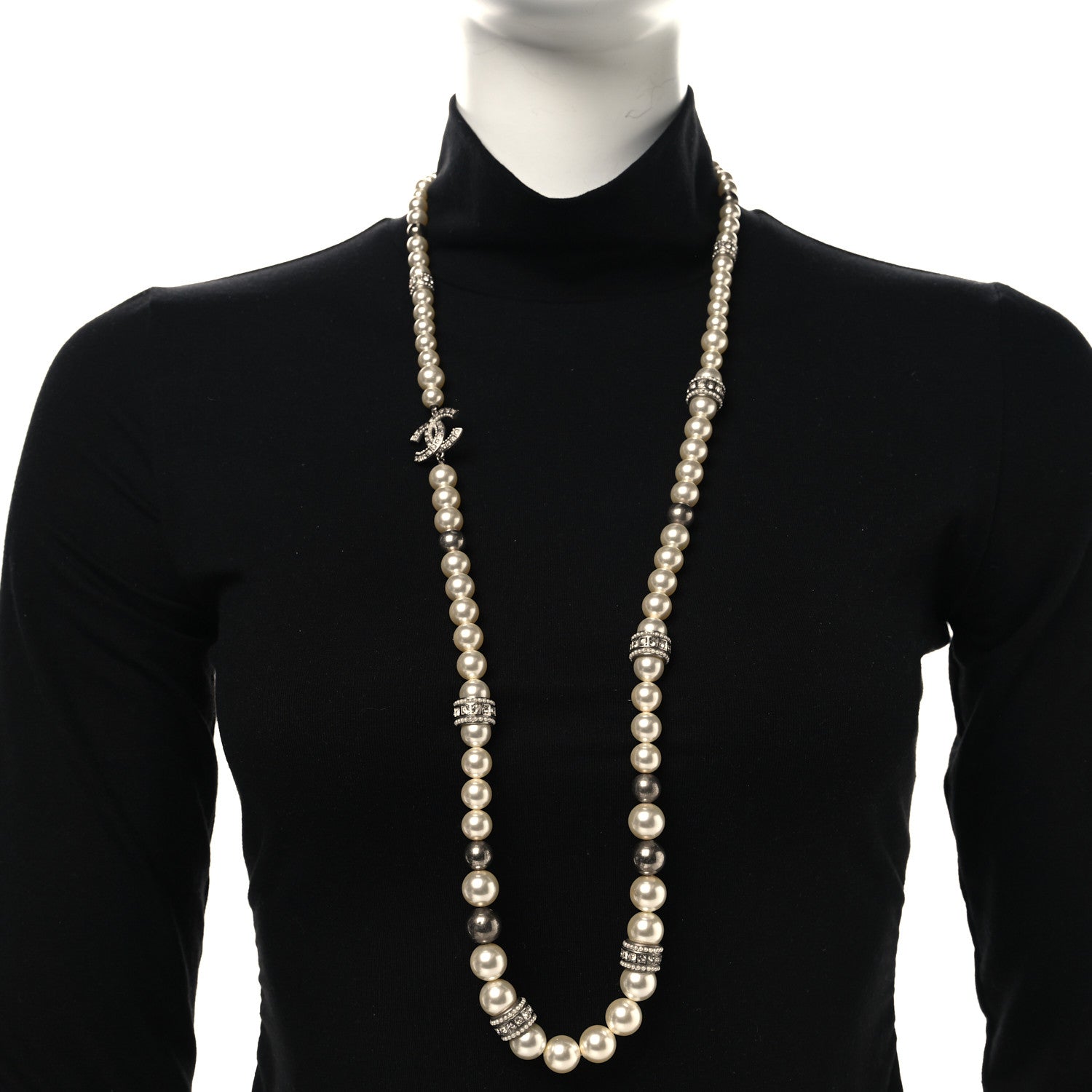Chanel Graduated Pearl Crystal CC Long Necklace Silver 2 of 5