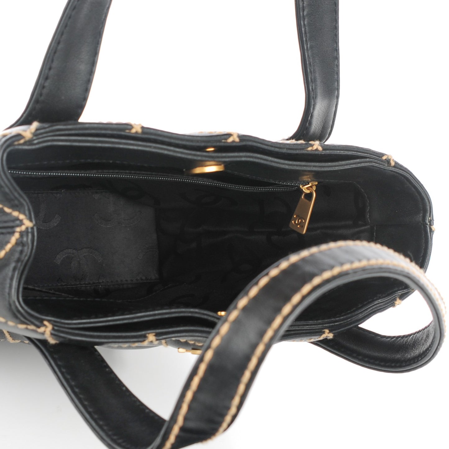 Calfskin Contrast Stitch Surpique Tote Black