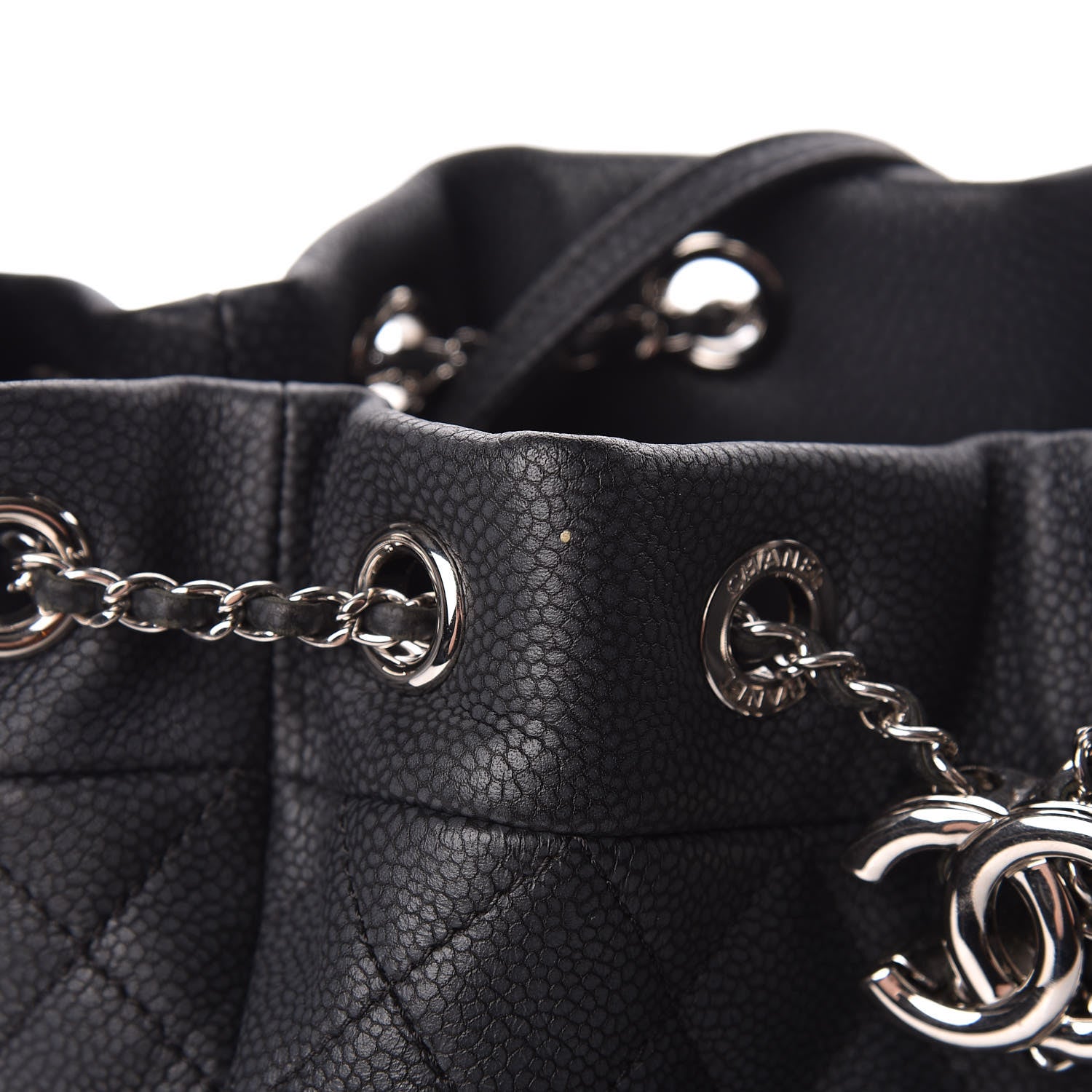 Chanel Caviar Flat Quilted CC Chain Bucket Drawstring Bag Black 12 of 15