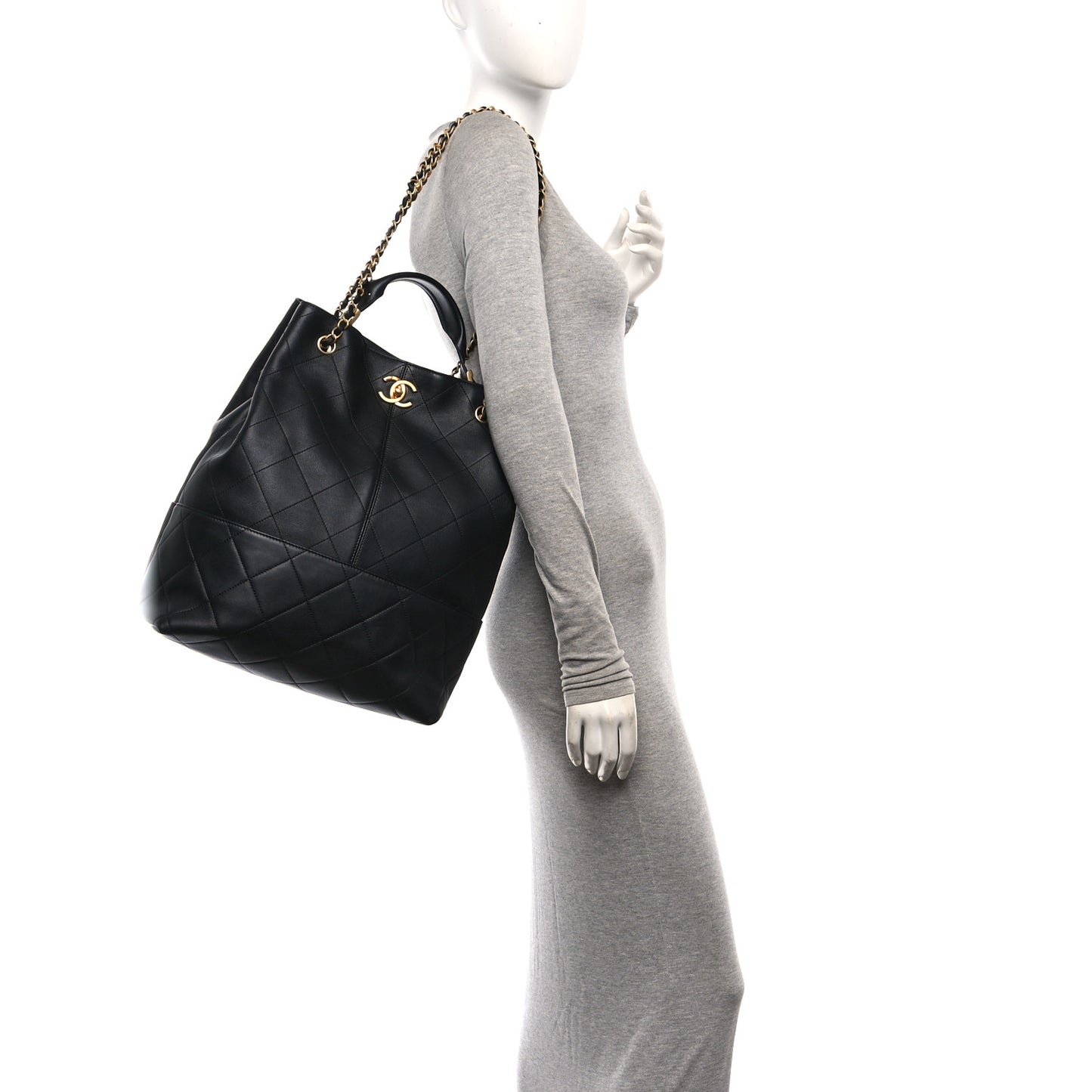 Calfskin Quilted Large Coco Base Shopping Bag Black