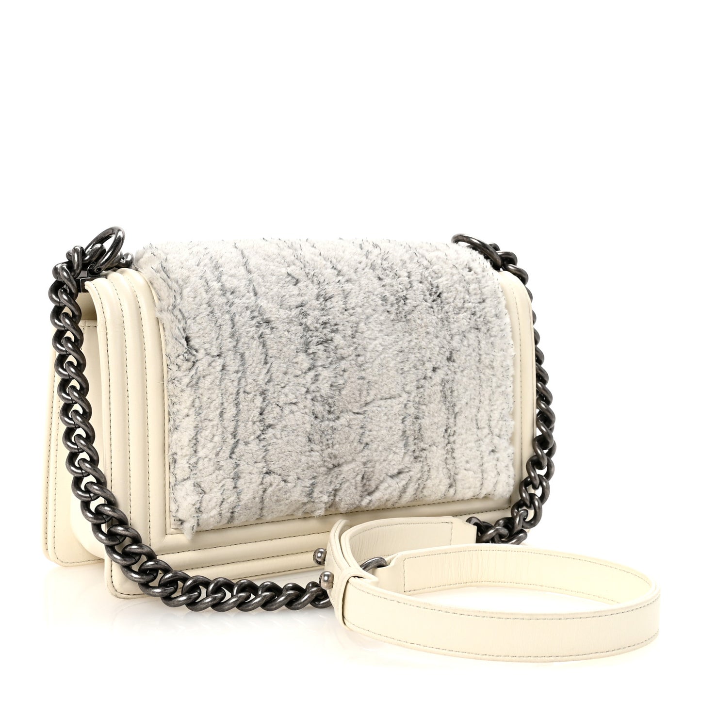 Fur Calfskin Medium Boy Flap White Silver