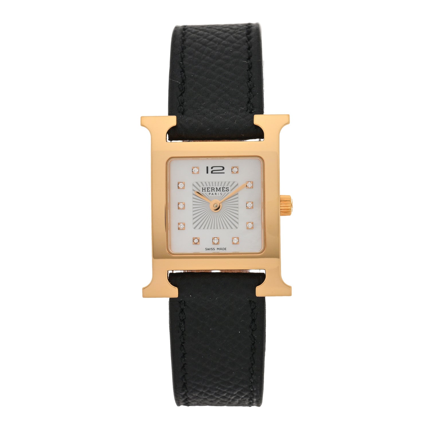 Hermes Stainless Steel Epsom Diamond Mother of Pearl 21mm Heure H Hour Quartz Watch Noir 1 of 5