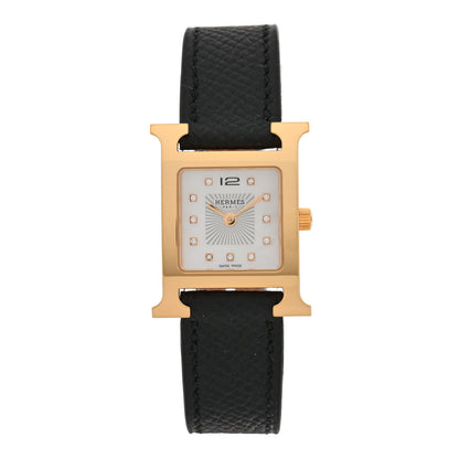 Hermes Stainless Steel Epsom Diamond Mother of Pearl 21mm Heure H Hour Quartz Watch Noir 1 of 5