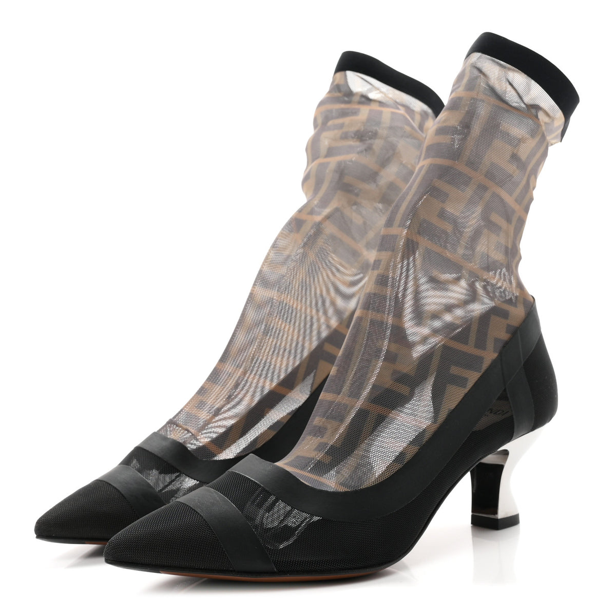 Fendi Technical Mesh Vitello Gommato FF Sock Boot Pumps 36 Tobacco Moro Black 4 of 9