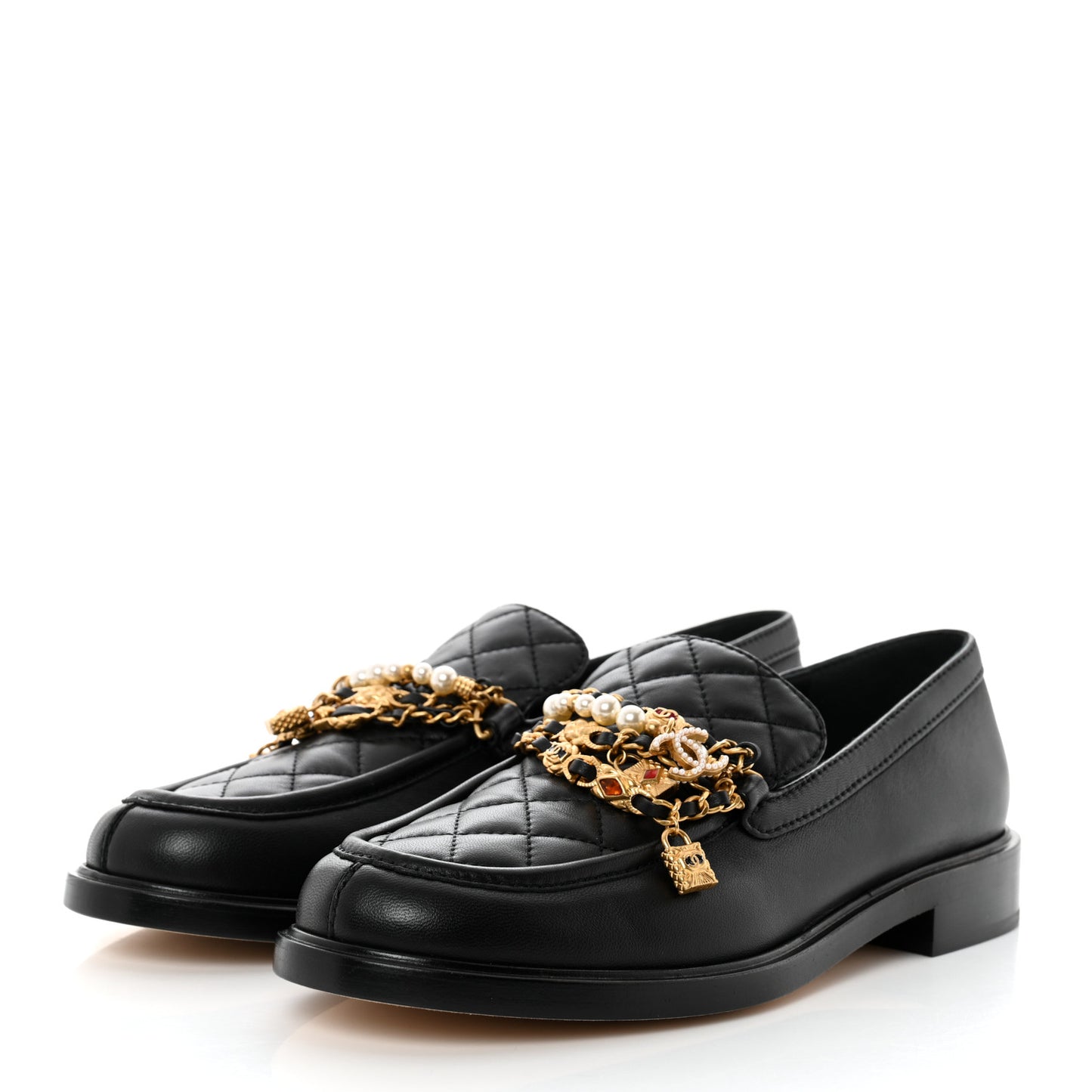Lambskin Pearl Crystal Quilted CC Logo Jewelry Loafers 39.5 Black