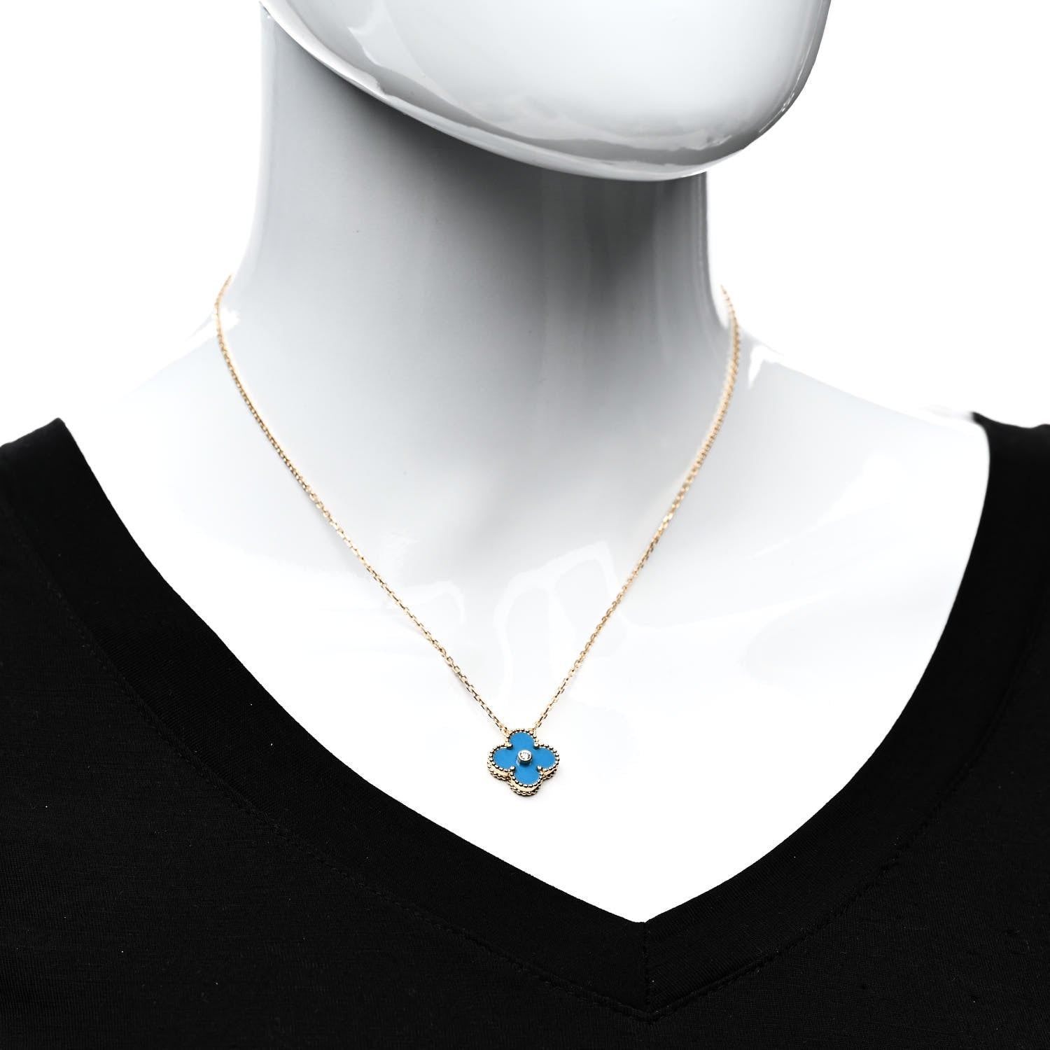 Van Cleef & Arpels 18K Yellow Gold Diamond Celestial Blue Sevres Porcelain Vintage Alhambra Pendant Necklace 2 of 5