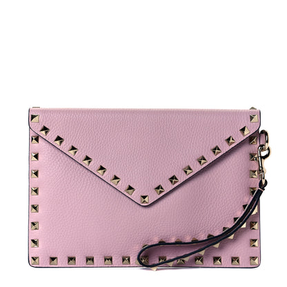 Valentino Garavani Pebbled Calfskin Medium Rockstud Envelope Flat Wristlet Pouch Water Rose 1 of 8
