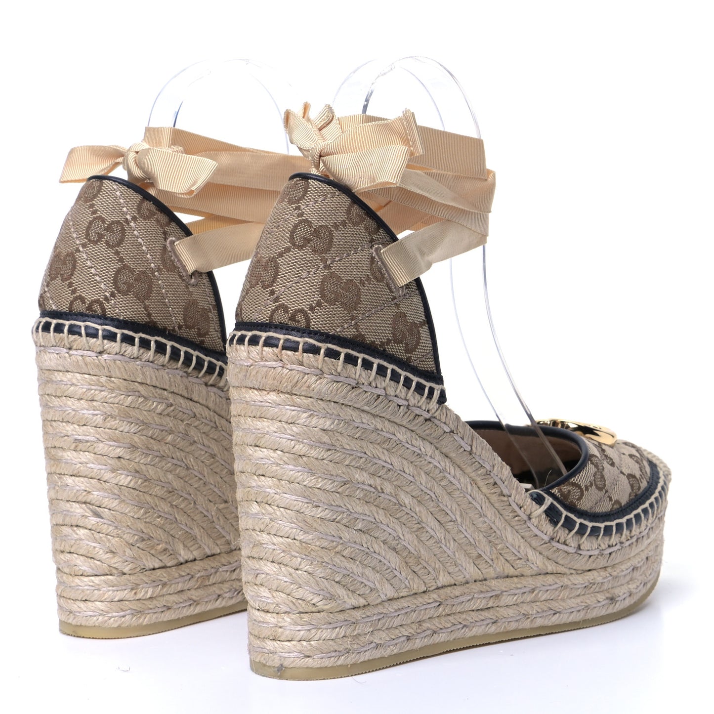 Monogram Matelasse GG Marmont Ankle Wrap Platform 35/120mm Espadrille Wedges 38.5 Beige Ebony Black Sand Storm