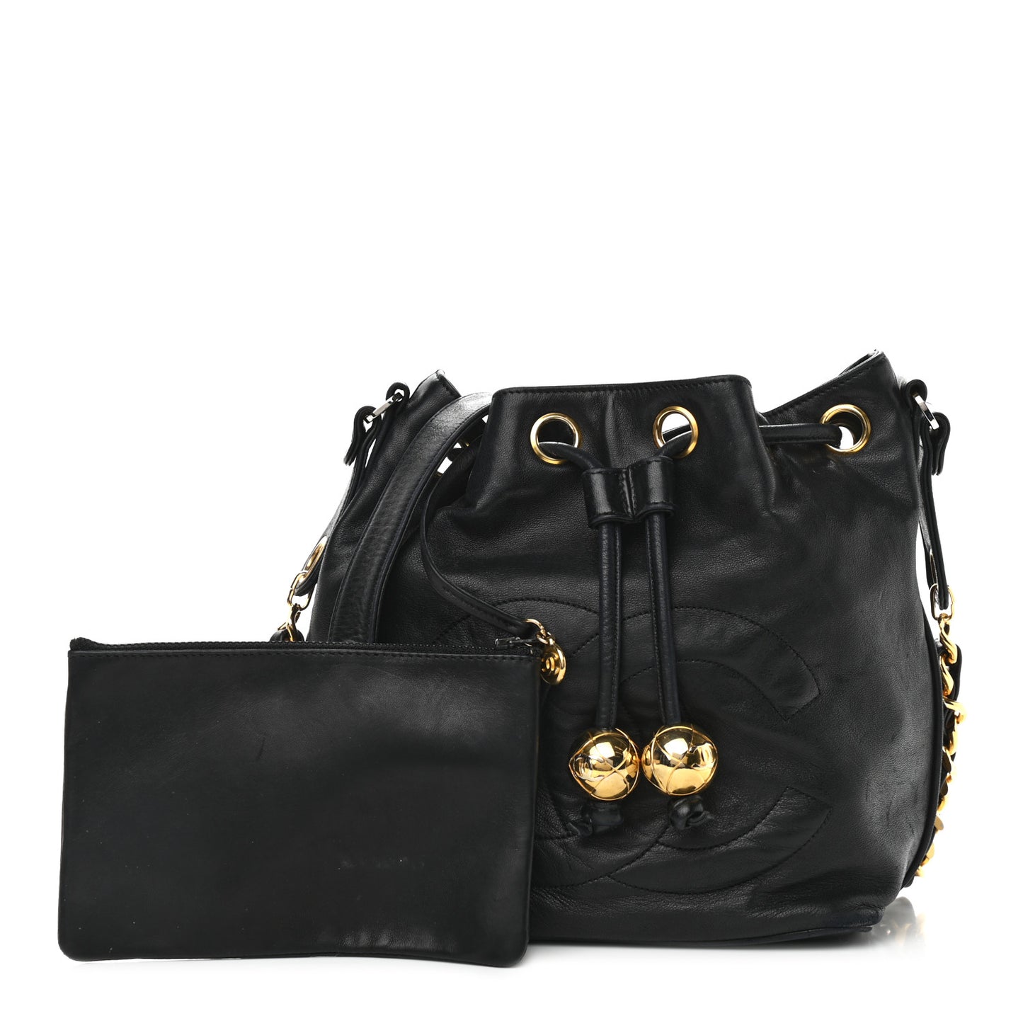 Lambskin CC Stitched Drawstring Bucket Bag Black