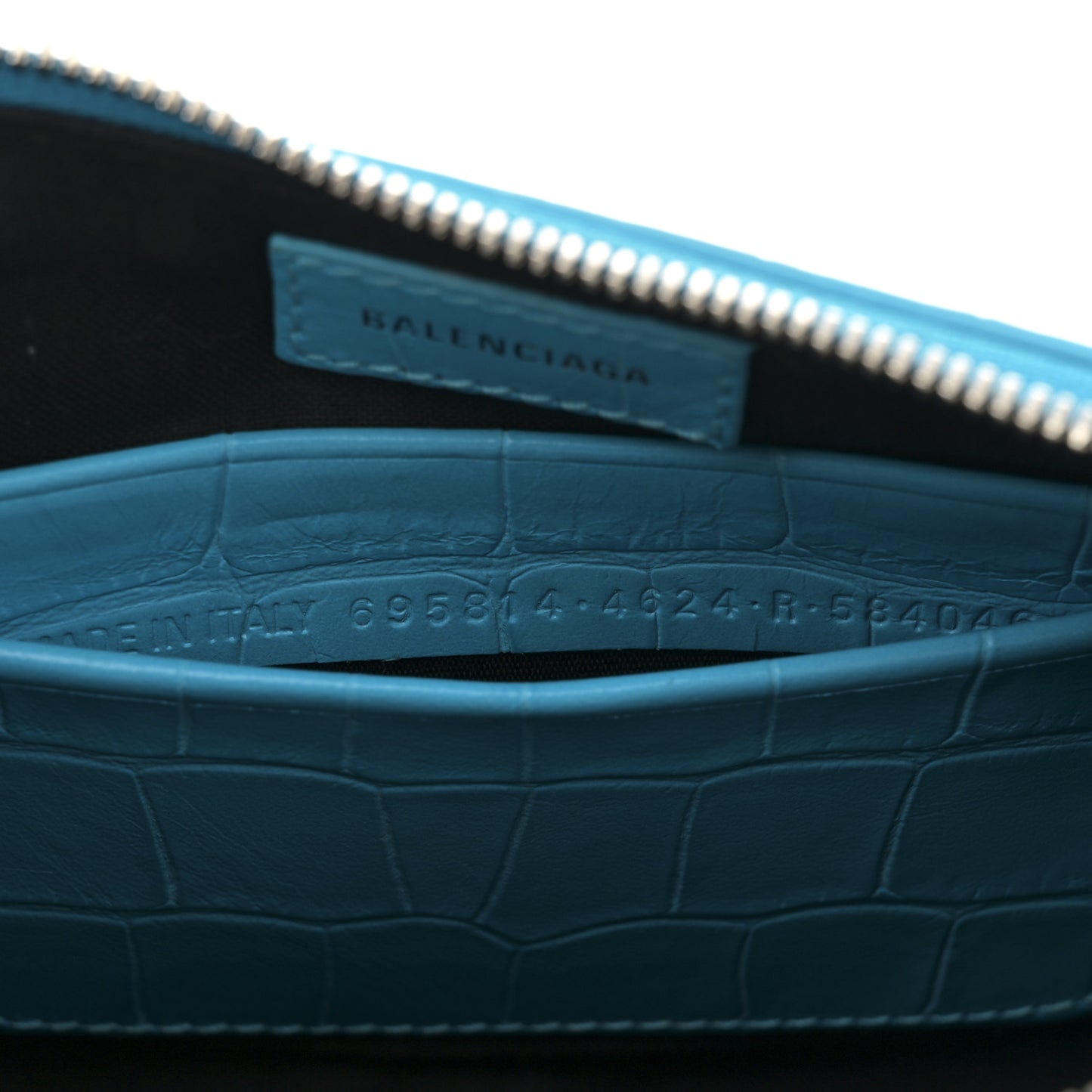 Extra Supple Calfskin Crocodile Embossed Crystal Mini Le Cagole Purse With Chain Cyan