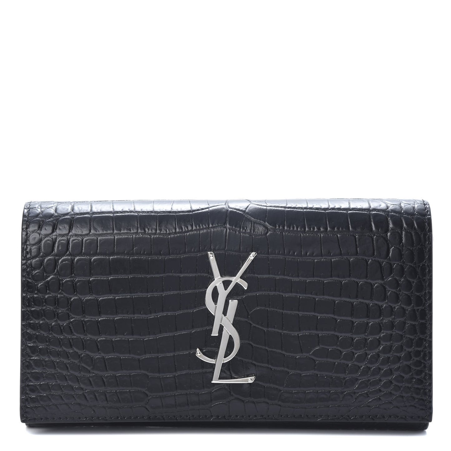 Calfskin Crocodile Embossed Monogram Flap Wallet Black