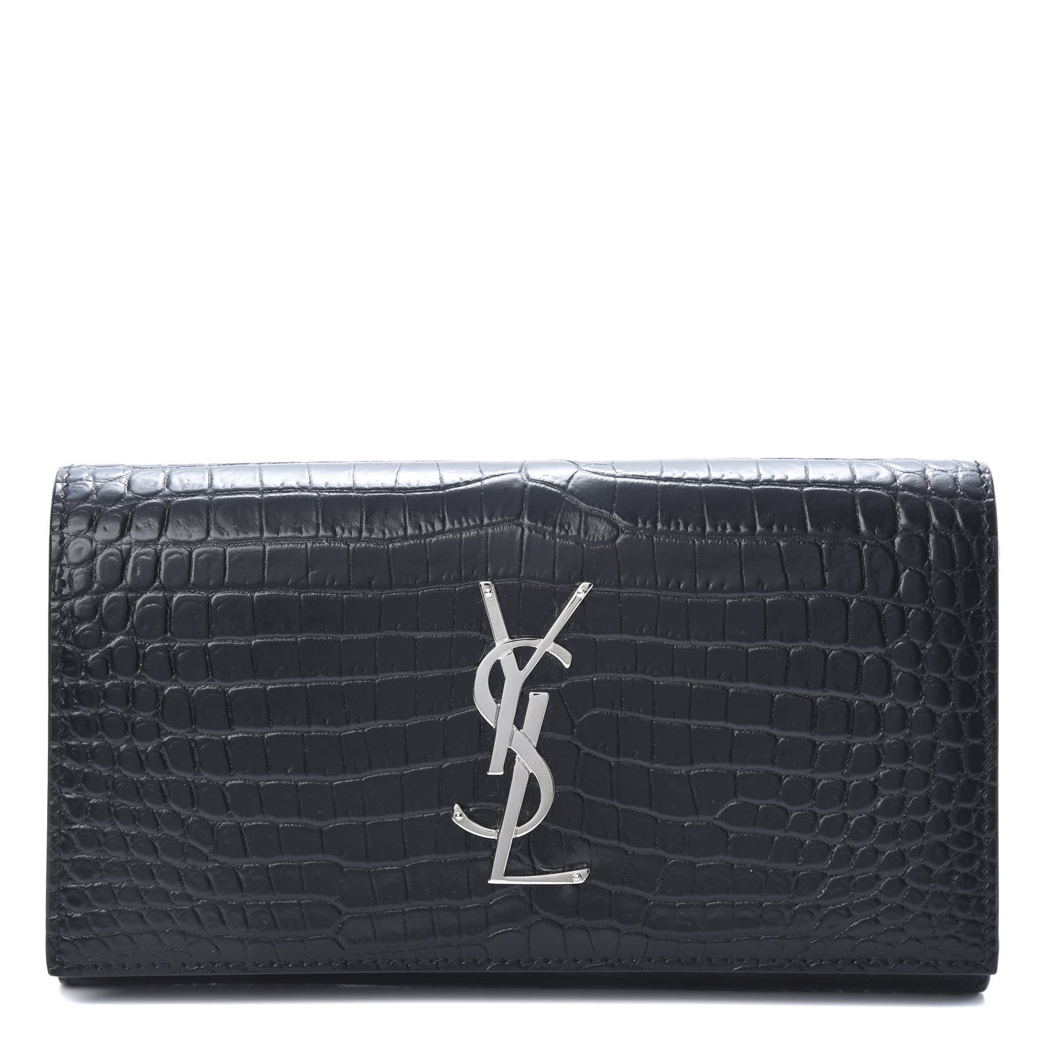 Saint Laurent Calfskin Crocodile Embossed Monogram Flap Wallet Black 1 of 10