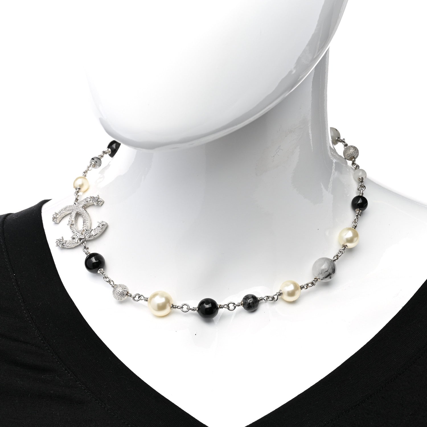 Chanel Crystal Pearl Beaded Star CC Short Necklace Silver Black 2 of 6