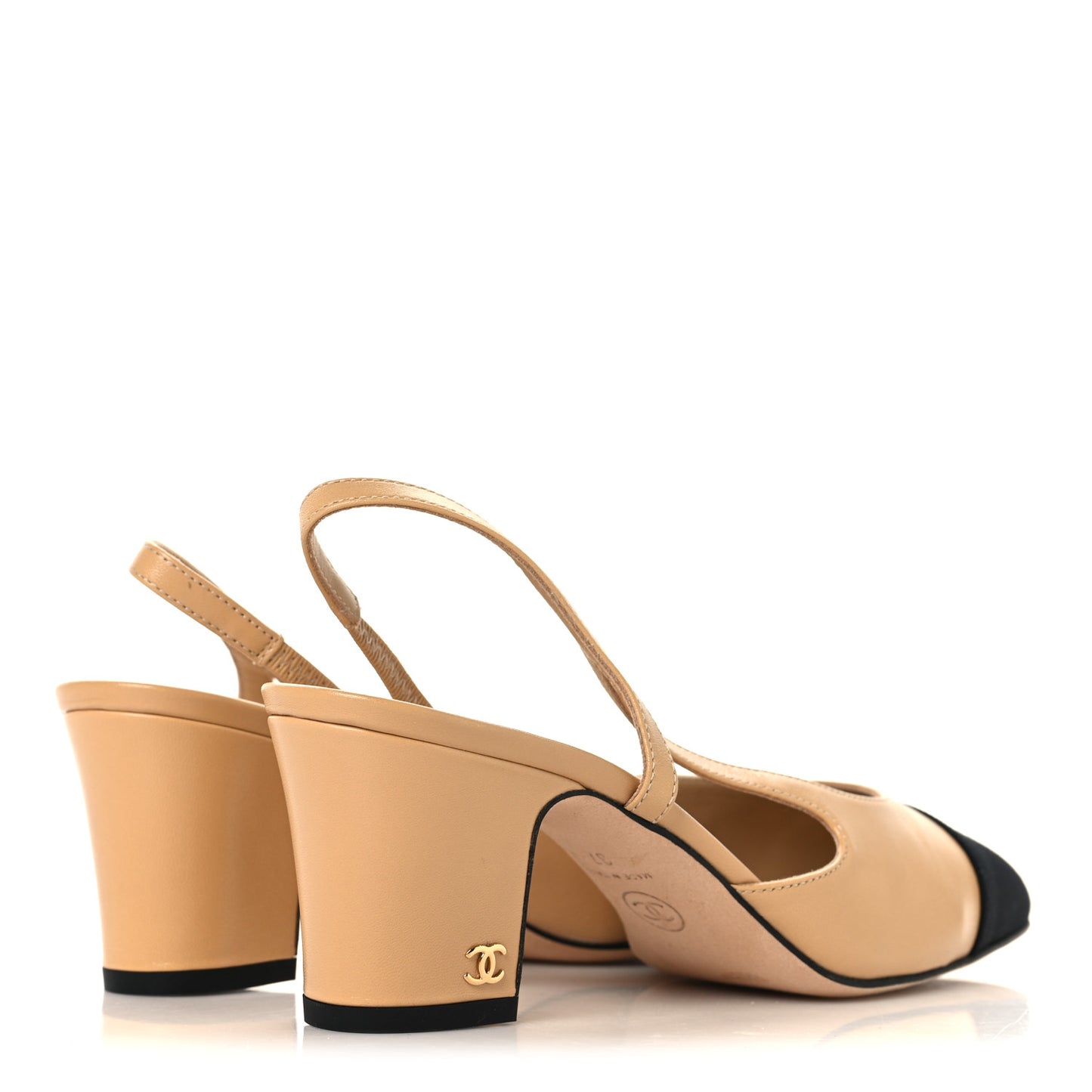 Goatskin Grosgrain Cap Toe CC Slingback Pumps 37 Beige Black