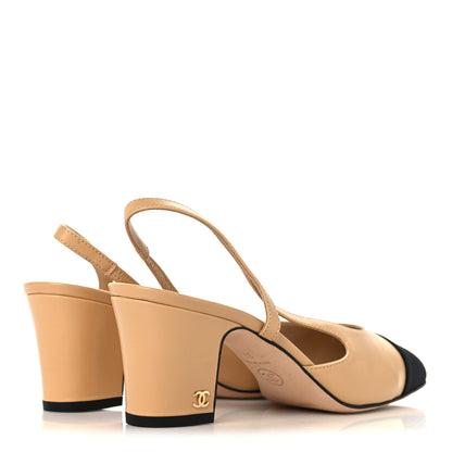 Chanel Goatskin Grosgrain Cap Toe CC Slingback Pumps 37 Beige Black 5 of 10
